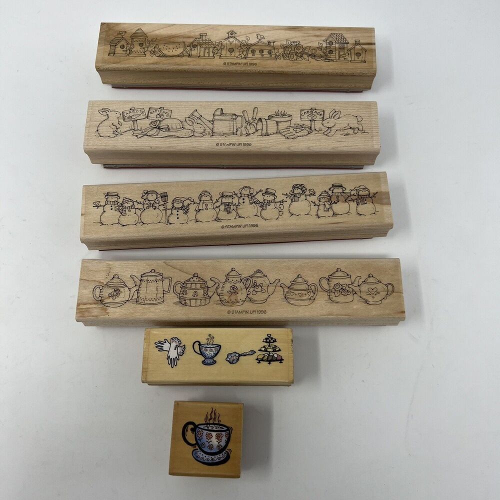 BORDER Stamps Lot Teapot Birdhouse Bunny Rabbit Gloves Garden Snowman Tea Party